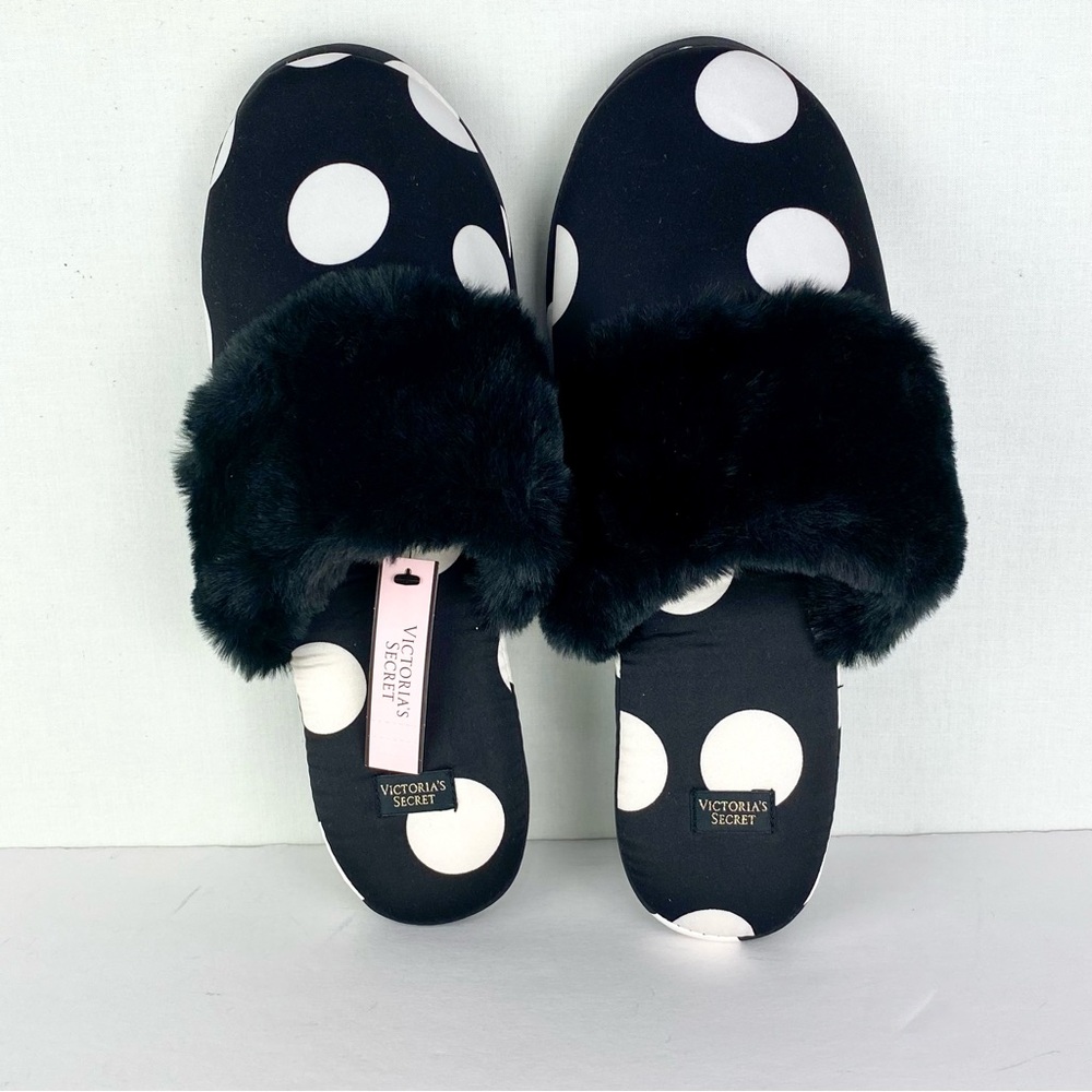 Victoria's Secret Black and White Polka Dot Slippers Size M